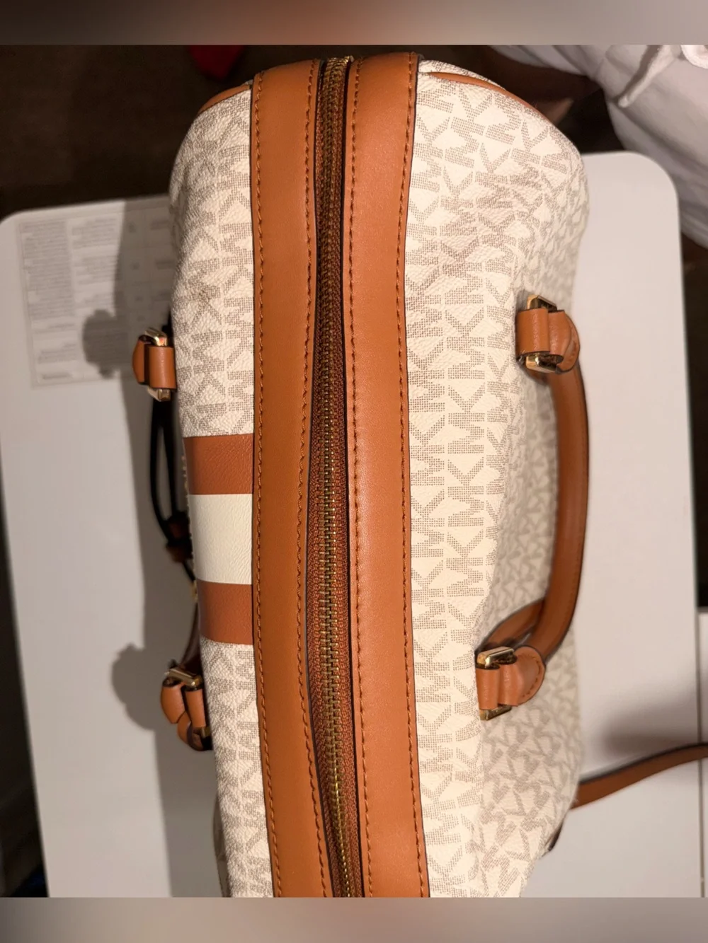 Michael Kors Tan and White Signature Stripe Satchel